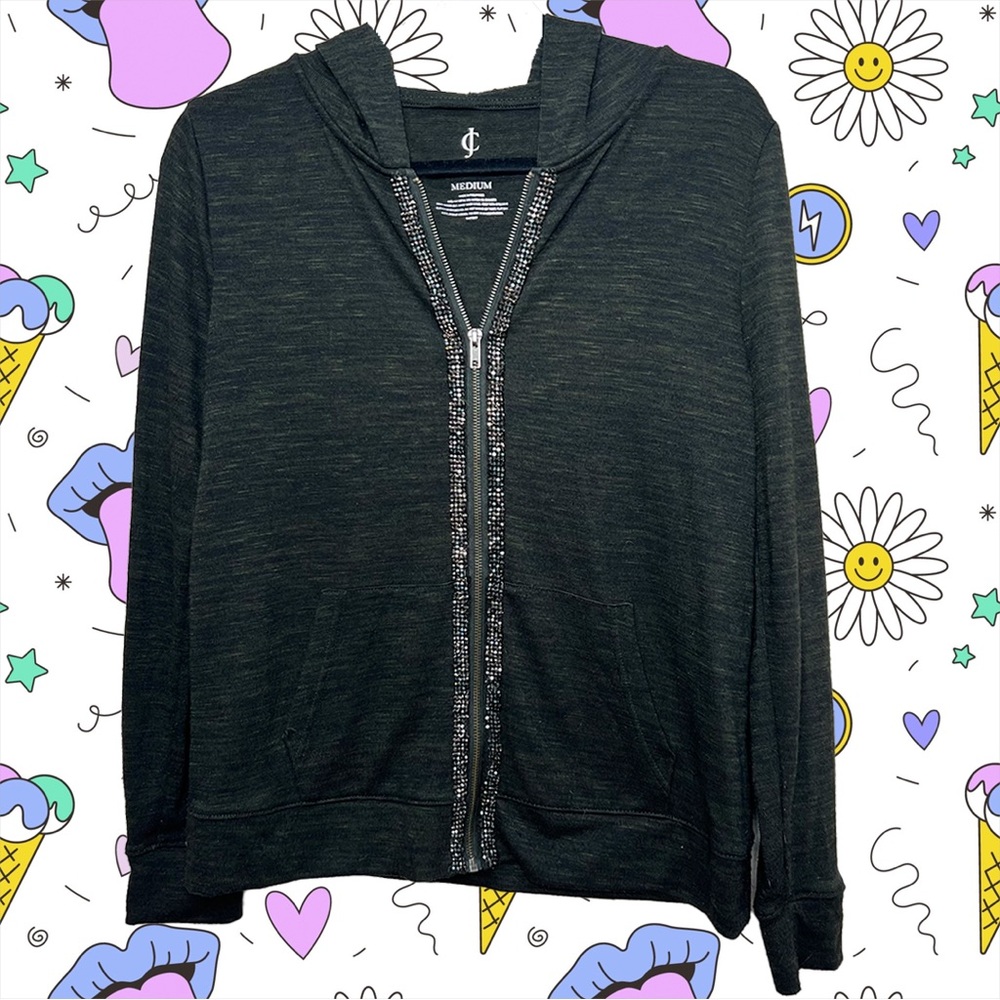 Women’s Juicy Couture Rhinestone Long Sleeve Zip Up Hoodie Heather Green Medium